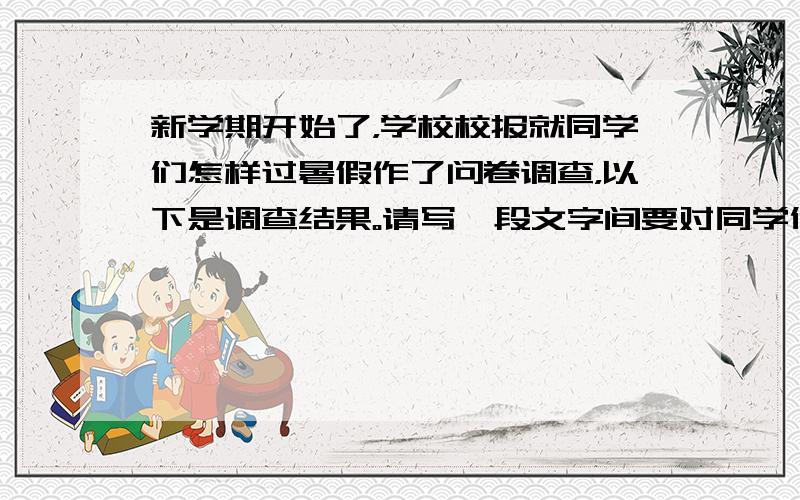 新学期开始了，学校校报就同学们怎样过暑假作了问卷调查，以下是调查结果。请写一段文字间要对同学们的假期做一个描述。要求：不