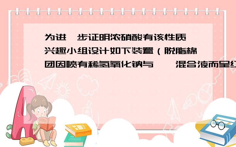 为进一步证明浓硝酸有该性质,兴趣小组设计如下装置（脱脂棉团因喷有稀氢氧化钠与酚酞混合液而呈红色）