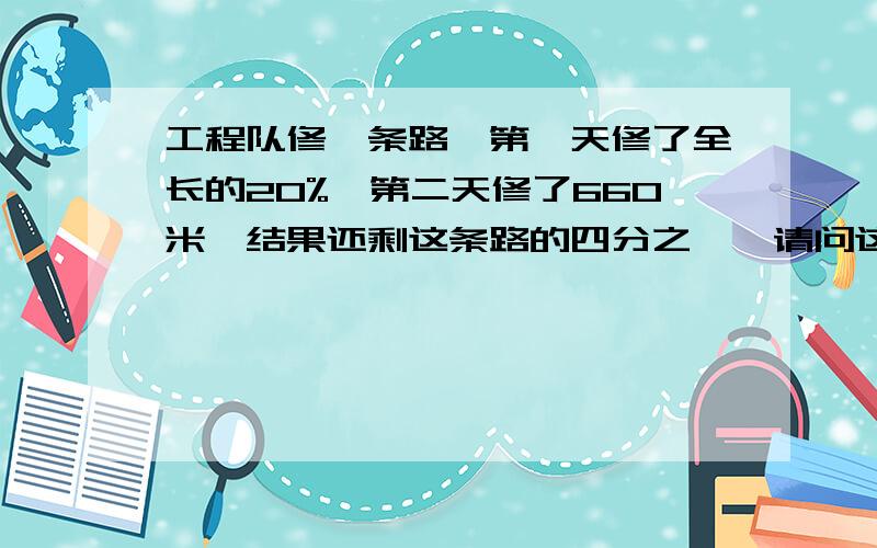 工程队修一条路,第一天修了全长的20%,第二天修了660米,结果还剩这条路的四分之一,请问这条路有多长?