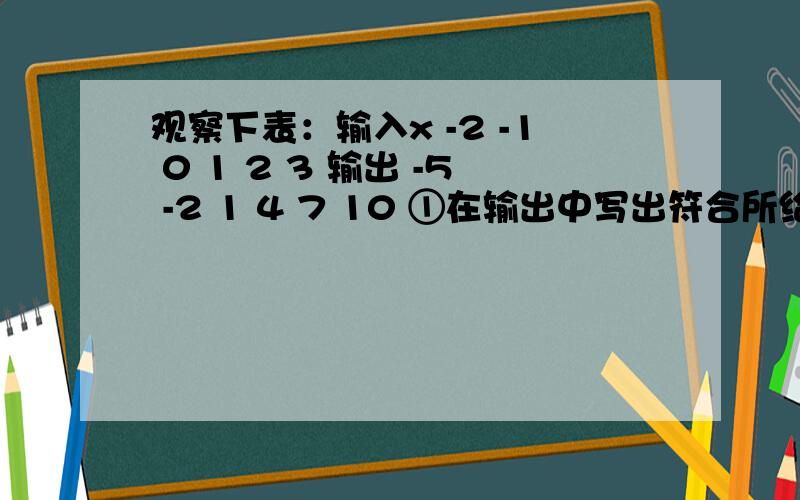 观察下表：输入x -2 -1 0 1 2 3 输出 -5 -2 1 4 7 10 ①在输出中写出符合所给表格规律的代数式