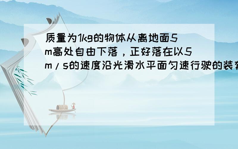 质量为1kg的物体从离地面5m高处自由下落，正好落在以5m/s的速度沿光滑水平面匀速行驶的装有沙子的小车中，沙子和小车的