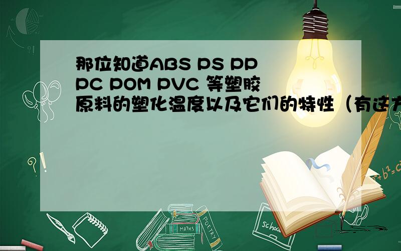 那位知道ABS PS PP PC POM PVC 等塑胶原料的塑化温度以及它们的特性（有这方面的书更好,请把书名留下谢谢