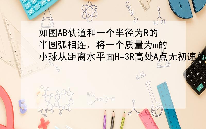 如图AB轨道和一个半径为R的半圆弧相连，将一个质量为m的小球从距离水平面H=3R高处A点无初速的释放，整个过程摩擦力均可