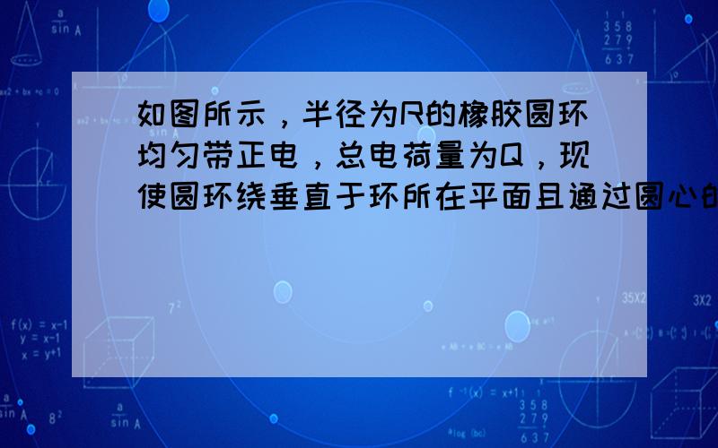 如图所示，半径为R的橡胶圆环均匀带正电，总电荷量为Q，现使圆环绕垂直于环所在平面且通过圆心的轴以角速度ω匀速转动，将产生