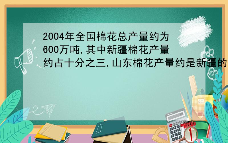 2004年全国棉花总产量约为600万吨,其中新疆棉花产量约占十分之三,山东棉花产量约是新疆的九分之五.山东