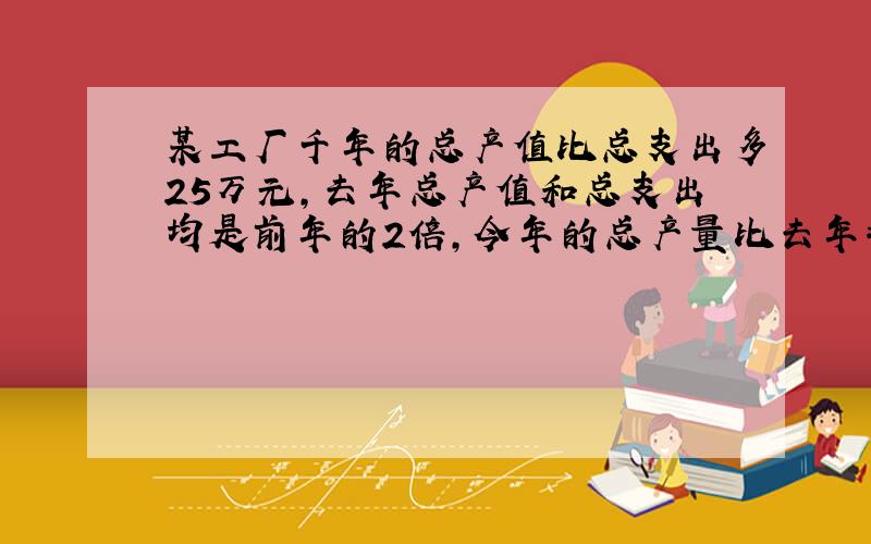 某工厂千年的总产值比总支出多25万元,去年总产值和总支出均是前年的2倍,今年的总产量比去年增加了15%,而总支出比去年减