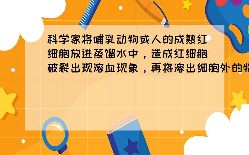 科学家将哺乳动物或人的成熟红细胞放进蒸馏水中，造成红细胞破裂出现溶血现象，再将溶出细胞外的物质冲洗掉，剩下的结构在生物学