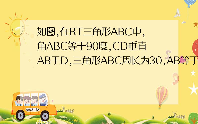 如图,在RT三角形ABC中,角ABC等于90度,CD垂直AB于D,三角形ABC周长为30,AB等于13