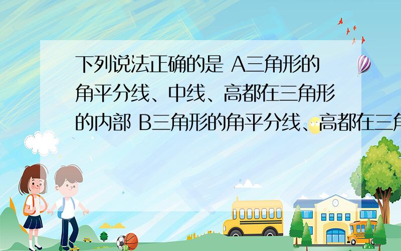 下列说法正确的是 A三角形的角平分线、中线、高都在三角形的内部 B三角形的角平分线、高都在三角形的内部