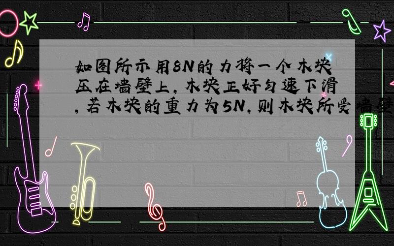 如图所示用8N的力将一个木块压在墙壁上，木块正好匀速下滑，若木块的重力为5N，则木块所受墙壁的摩擦力大小为______N