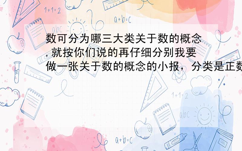 数可分为哪三大类关于数的概念,就按你们说的再仔细分别我要做一张关于数的概念的小报，分类是正数、0、负数，请告诉我这三个分