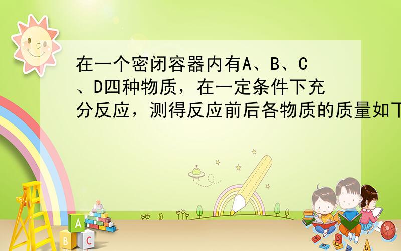 在一个密闭容器内有A、B、C、D四种物质，在一定条件下充分反应，测得反应前后各物质的质量如下：