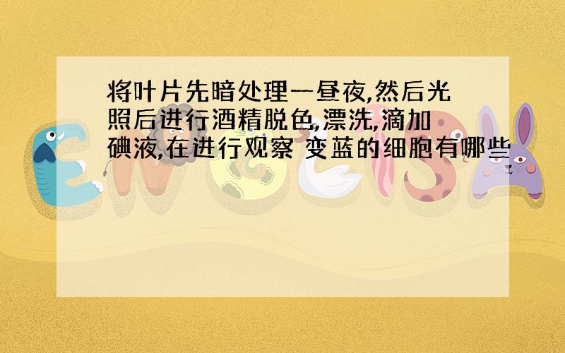 将叶片先暗处理一昼夜,然后光照后进行酒精脱色,漂洗,滴加碘液,在进行观察 变蓝的细胞有哪些