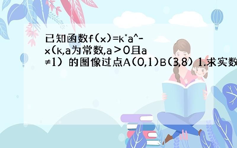 已知函数f(x)=k*a^-x(k,a为常数,a＞0且a≠1）的图像过点A(0,1)B(3,8) 1.求实数k,a的值.