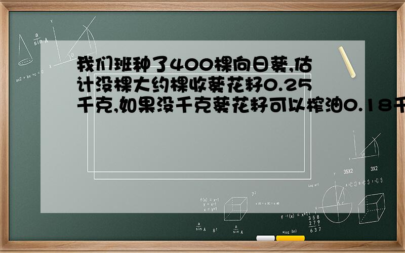 我们班种了400棵向日葵,估计没棵大约棵收葵花籽0.25千克,如果没千克葵花籽可以榨油0.18千克,我们收的