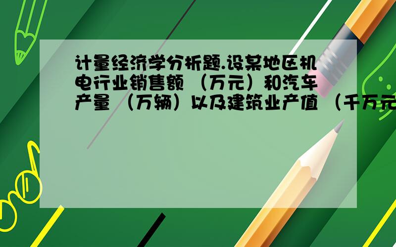 计量经济学分析题.设某地区机电行业销售额 （万元）和汽车产量 （万辆）以及建筑业产值 （千万元）.经Eviews软件对1