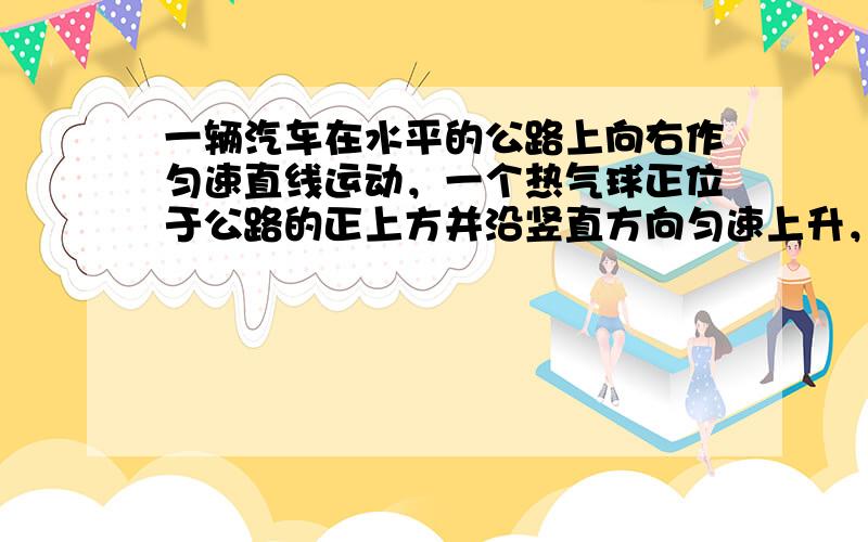 一辆汽车在水平的公路上向右作匀速直线运动，一个热气球正位于公路的正上方并沿竖直方向匀速上升，则热气球上的人以气球为参照物