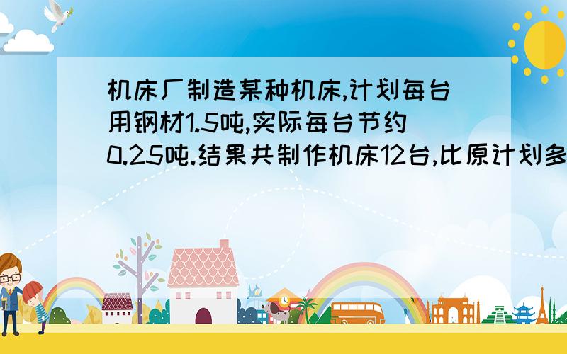 机床厂制造某种机床,计划每台用钢材1.5吨,实际每台节约0.25吨.结果共制作机床12台,比原计划多造多少台