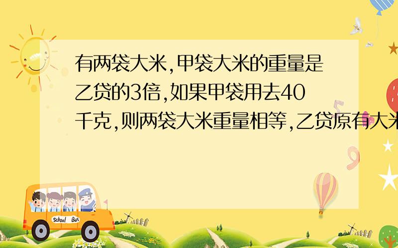 有两袋大米,甲袋大米的重量是乙贷的3倍,如果甲袋用去40千克,则两袋大米重量相等,乙贷原有大米多少千克?