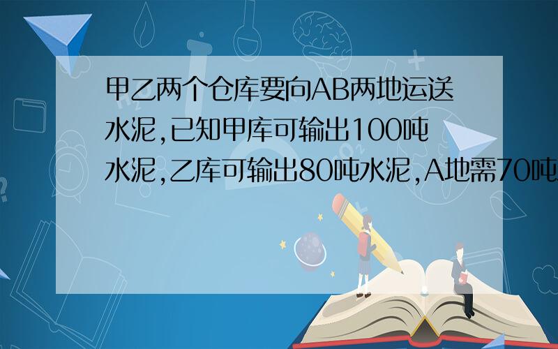 甲乙两个仓库要向AB两地运送水泥,已知甲库可输出100吨水泥,乙库可输出80吨水泥,A地需70吨水