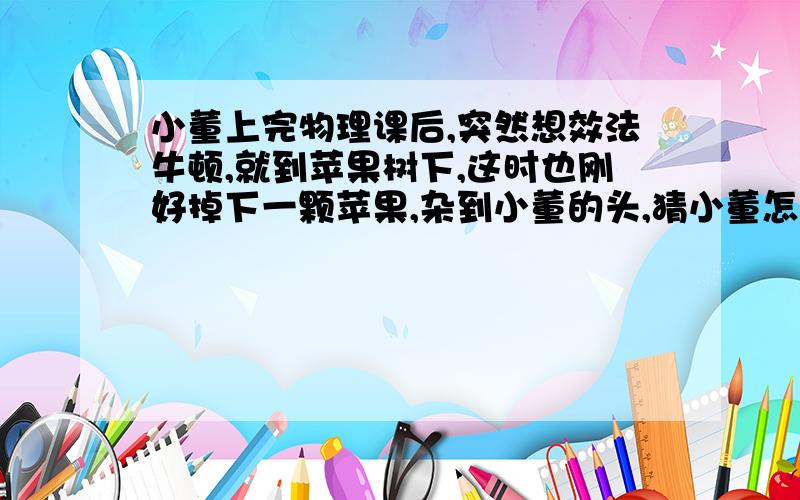 小董上完物理课后,突然想效法牛顿,就到苹果树下,这时也刚好掉下一颗苹果,杂到小董的头,猜小董怎么说