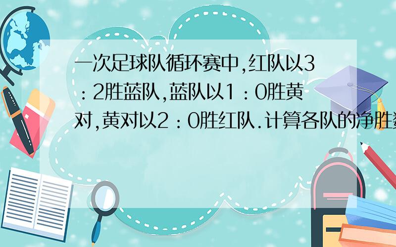 一次足球队循环赛中,红队以3：2胜蓝队,蓝队以1：0胜黄对,黄对以2：0胜红队.计算各队的净胜数（提示：）