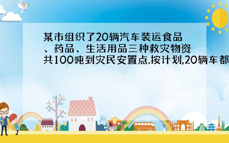 某市组织了20辆汽车装运食品、药品、生活用品三种救灾物资共100吨到灾民安置点.按计划,20辆车都要装运,每辆汽车只能装