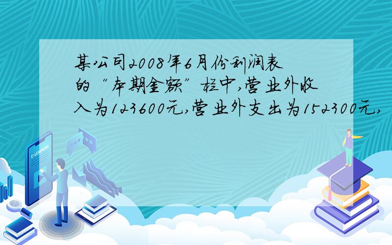 某公司2008年6月份利润表的“本期金额”栏中,营业外收入为123600元,营业外支出为152300元,