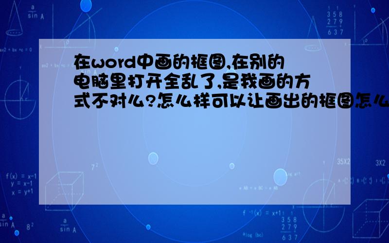 在word中画的框图,在别的电脑里打开全乱了,是我画的方式不对么?怎么样可以让画出的框图怎么打开都不会乱呢?除了保存成P