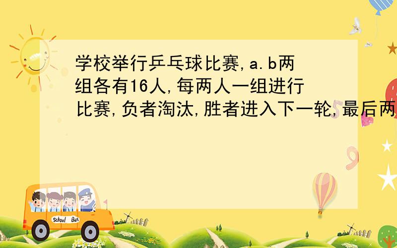 学校举行乒乓球比赛,a.b两组各有16人,每两人一组进行比赛,负者淘汰,胜者进入下一轮,最后两组第一名进行决赛,一共进行