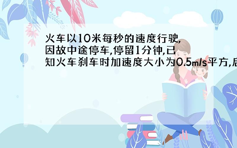 火车以10米每秒的速度行驶,因故中途停车,停留1分钟,已知火车刹车时加速度大小为0.5m/s平方,启动时加速