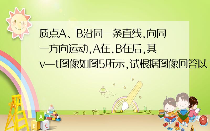 质点A、B沿同一条直线,向同一方向运动,A在,B在后,其v—t图像如图5所示,试根据图像回答以下问题：