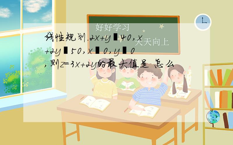 线性规划.2x+y≦40,x+2y≦50,x≧0,y≧0,则z=3x+2y的最大值是 怎么