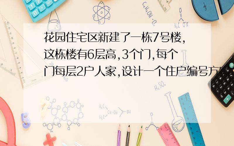 花园住宅区新建了一栋7号楼,这栋楼有6层高,3个门,每个门每层2户人家,设计一个住户编号方案,并写出以下住户的号码.7号