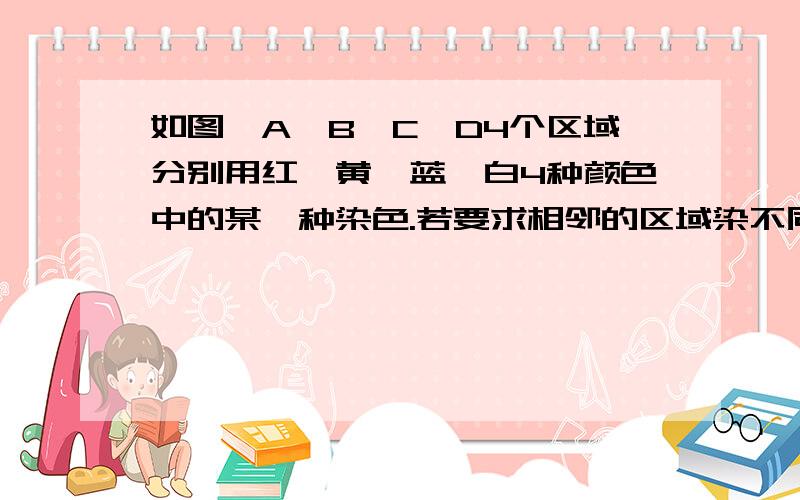 如图,A、B、C、D4个区域分别用红、黄、蓝、白4种颜色中的某一种染色.若要求相邻的区域染不同的颜色,那么共有多少种不同