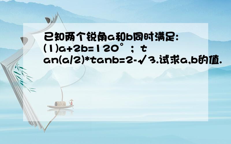 已知两个锐角a和b同时满足:(1)a+2b=120°；tan(a/2)*tanb=2-√3.试求a,b的值.