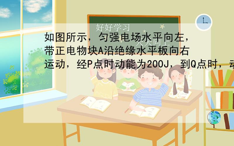 如图所示，匀强电场水平向左，带正电物块A沿绝缘水平板向右运动，经P点时动能为200J，到Q点时，动能减少了160J，电势