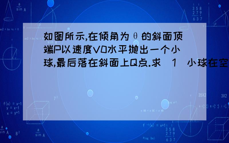 如图所示,在倾角为θ的斜面顶端P以速度V0水平抛出一个小球,最后落在斜面上Q点.求（1）小球在空中运动的时间以及P、Q间