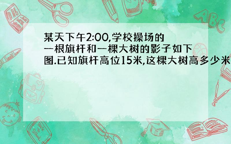 某天下午2:00,学校操场的一根旗杆和一棵大树的影子如下图.已知旗杆高位15米,这棵大树高多少米