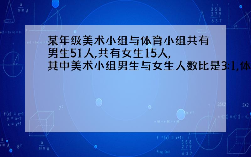 某年级美术小组与体育小组共有男生51人,共有女生15人,其中美术小组男生与女生人数比是3:1,体育小组男生