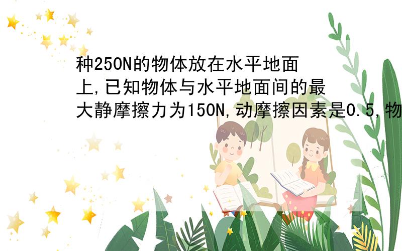 种250N的物体放在水平地面上,已知物体与水平地面间的最大静摩擦力为150N,动摩擦因素是0.5,物体的一端连一根劲度系