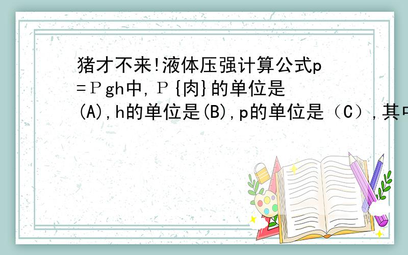 猪才不来!液体压强计算公式p=Ρgh中,Ρ{肉}的单位是(A),h的单位是(B),p的单位是（C）,其中h是(D),即从