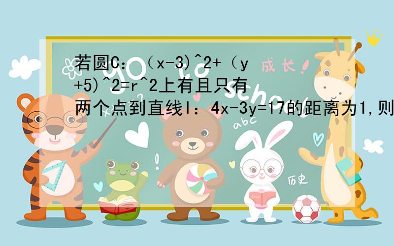 若圆C：（x-3)^2+（y+5)^2=r^2上有且只有两个点到直线l：4x-3y=17的距离为1,则r的取值范围是多少