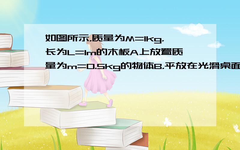 如图所示，质量为M=1kg，长为L=1m的木板A上放置质量为m=0.5kg的物体B，平放在光滑桌面上，B位于木板中点处，