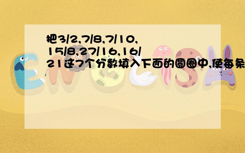 把3/2,7/8,7/10,15/8,27/16,16/21这7个分数填入下面的圆圈中,使每条线