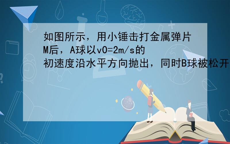 如图所示，用小锤击打金属弹片M后，A球以v0=2m/s的初速度沿水平方向抛出，同时B球被松开，并自由下落．已知A球从抛出