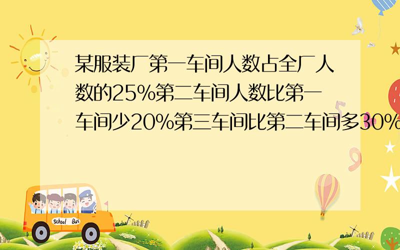 某服装厂第一车间人数占全厂人数的25%第二车间人数比第一车间少20%第三车间比第二车间多30%已知第三车间有156人问全