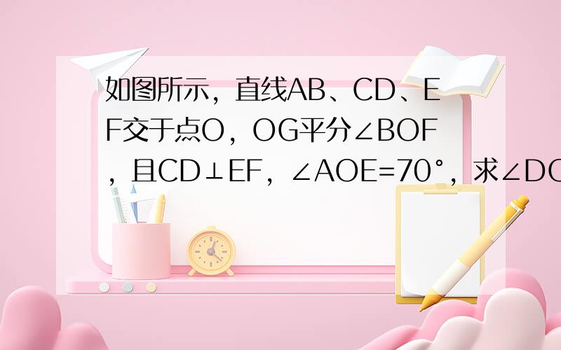 如图所示，直线AB、CD、EF交于点O，OG平分∠BOF，且CD⊥EF，∠AOE=70°，求∠DOG的度数．