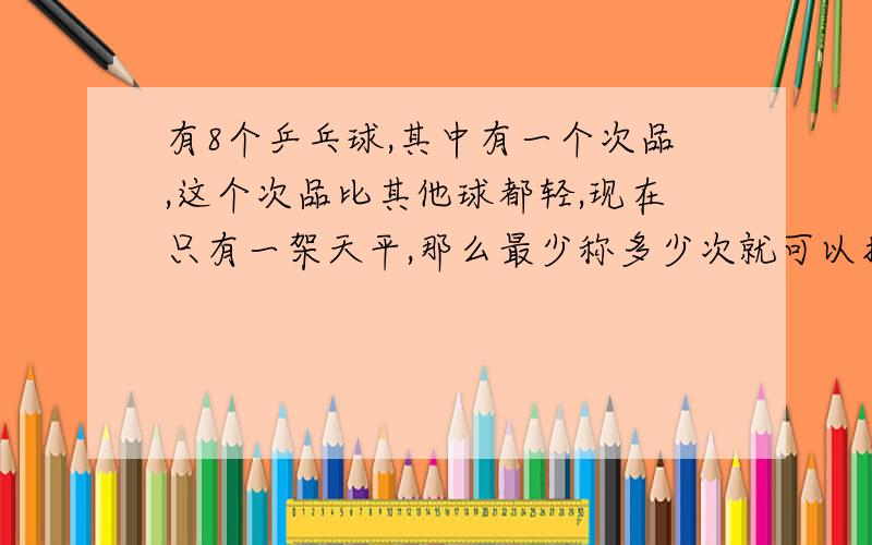 有8个乒乓球,其中有一个次品,这个次品比其他球都轻,现在只有一架天平,那么最少称多少次就可以找到次品乒乓