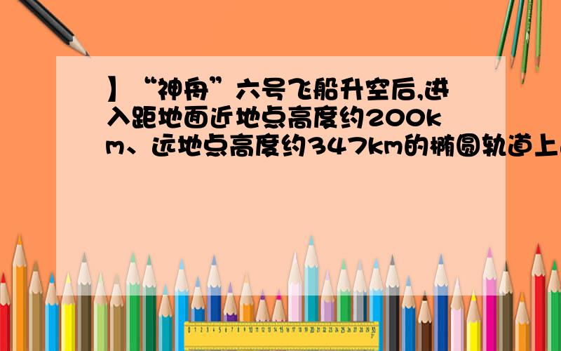 】“神舟”六号飞船升空后,进入距地面近地点高度约200km、远地点高度约347km的椭圆轨道上运行,飞行5圈后进行变轨,